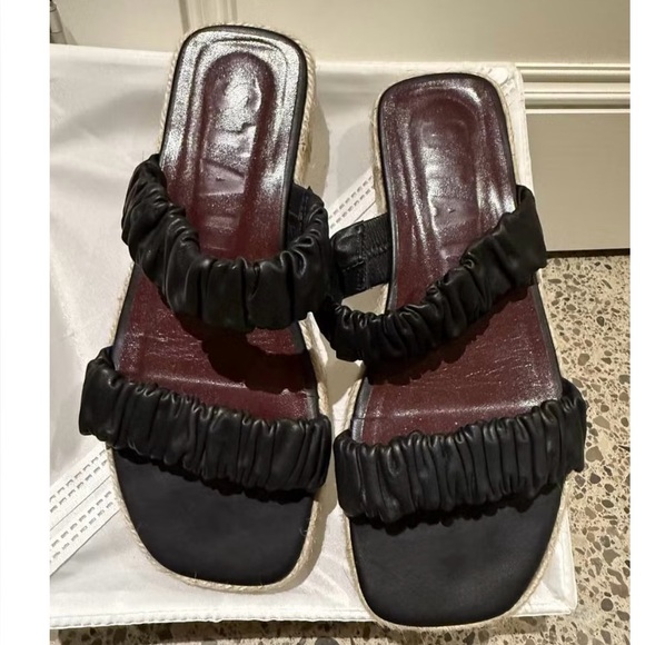 STAUD Shoes - STAUD Black and Cream Slide Sandals with Ruched Strapsr